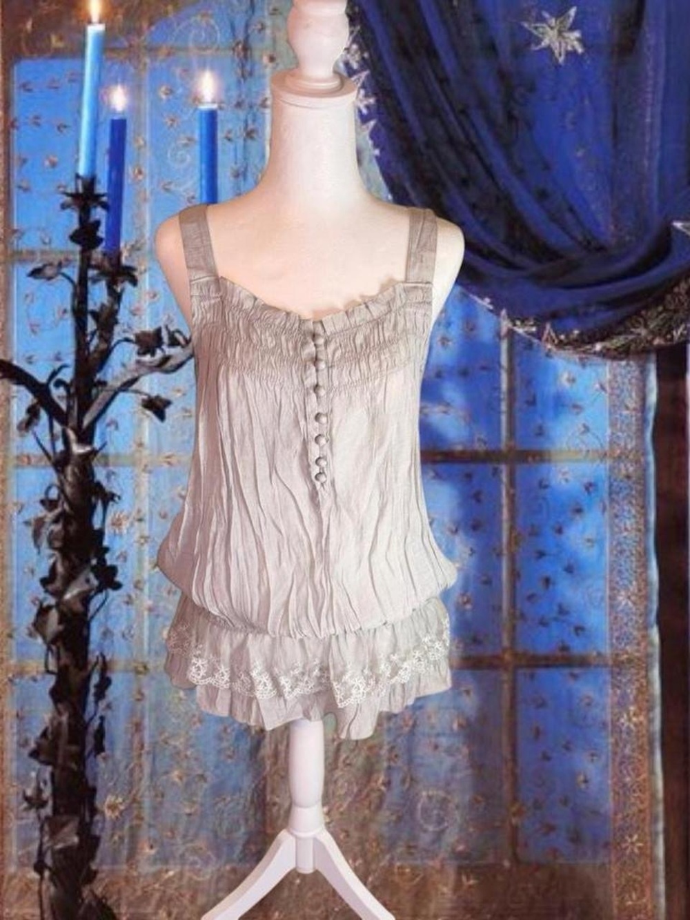 Vintage Y2K Deadstock Grey Fairycore Grunge Lacey Flowy Top